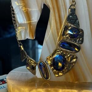 Statement Necklace Blue Glass Oval Stones Metal Bezel Asymmetrical Pendant Women